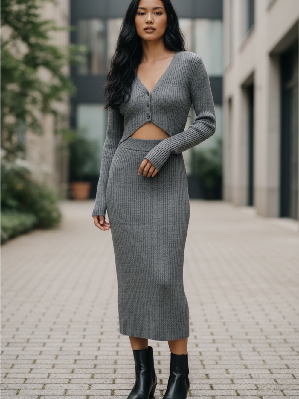 Jonathan Simkhai Gray Ribbed Midi Pencil dress Size Small